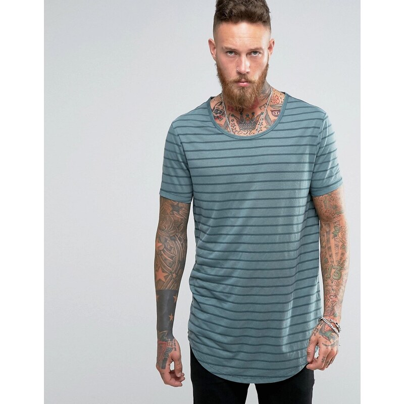 ASOS - T-shirt super long à rayures transparentes avec encolure dégagée et ourlet arrondi - Bleu