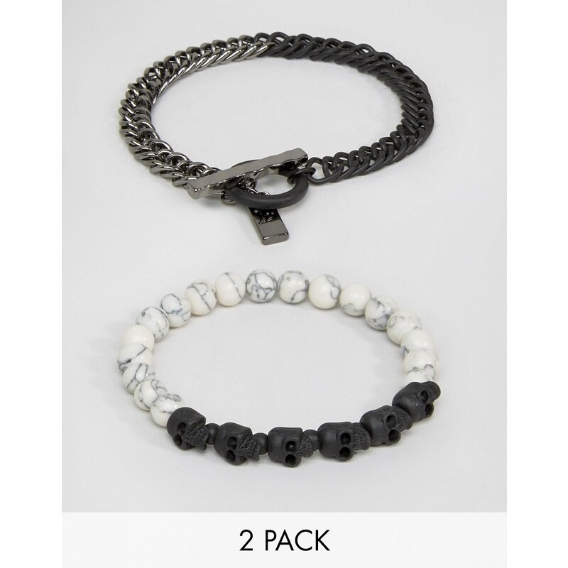 Icon Brand - Lot de 2 bracelets avec perles crâne et billes - Noir