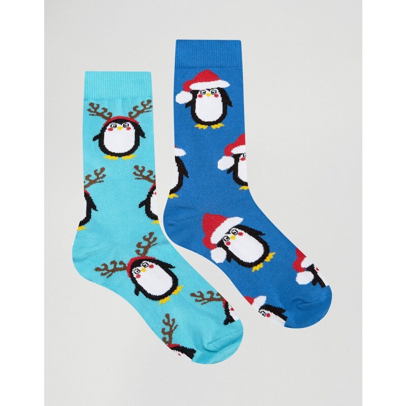 ASOS - Lot de 2 paires de chaussettes de Noël motif pingouin - Bleu