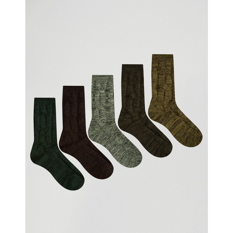 ASOS - Lot de 5 paires de chaussettes torsadées pour bottes - Kaki - Vert