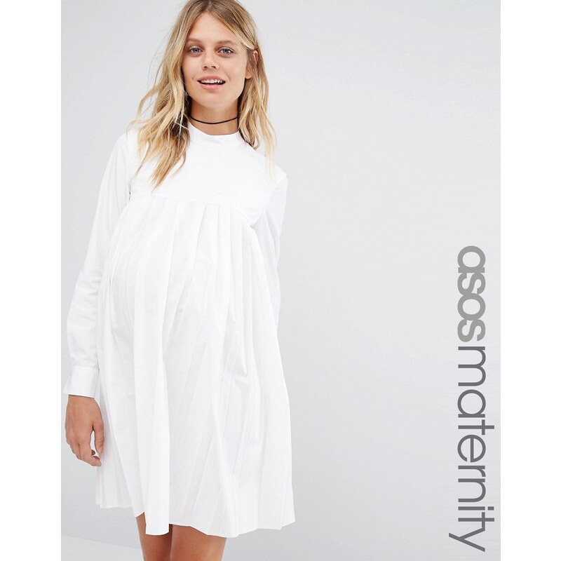 ASOS Maternity - Robe plissée manches longues en coton - Blanc