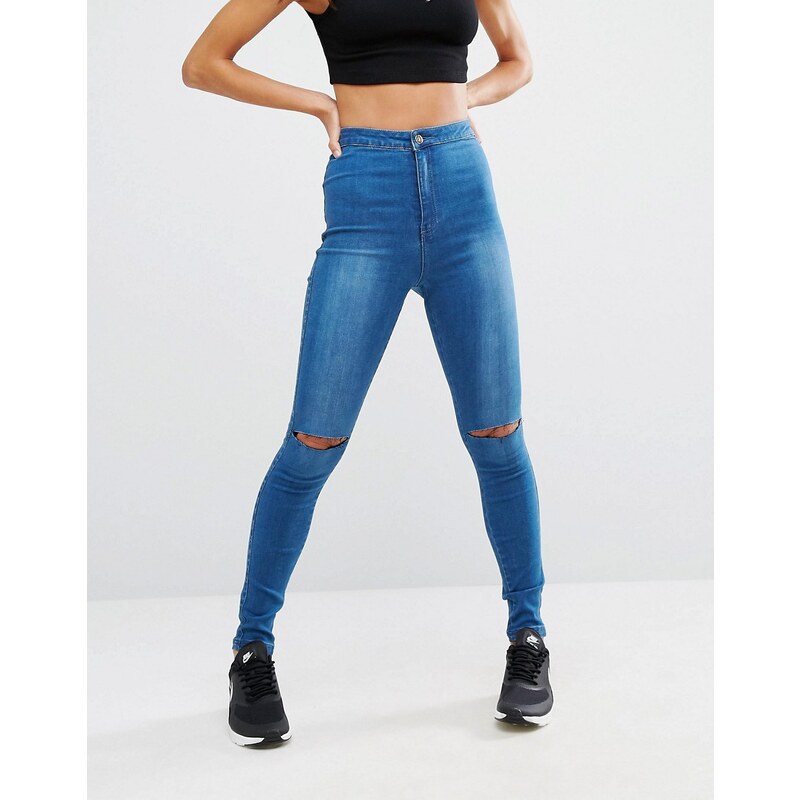 Missguided - Vice - Jean skinny taille haute super stretch déchiré au genou - Bleu
