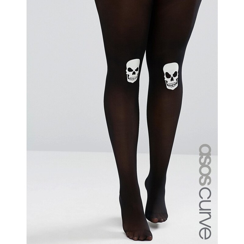 ASOS CURVE - Collants motif tête de mort phosphorescente aux genoux pour Halloween - Noir