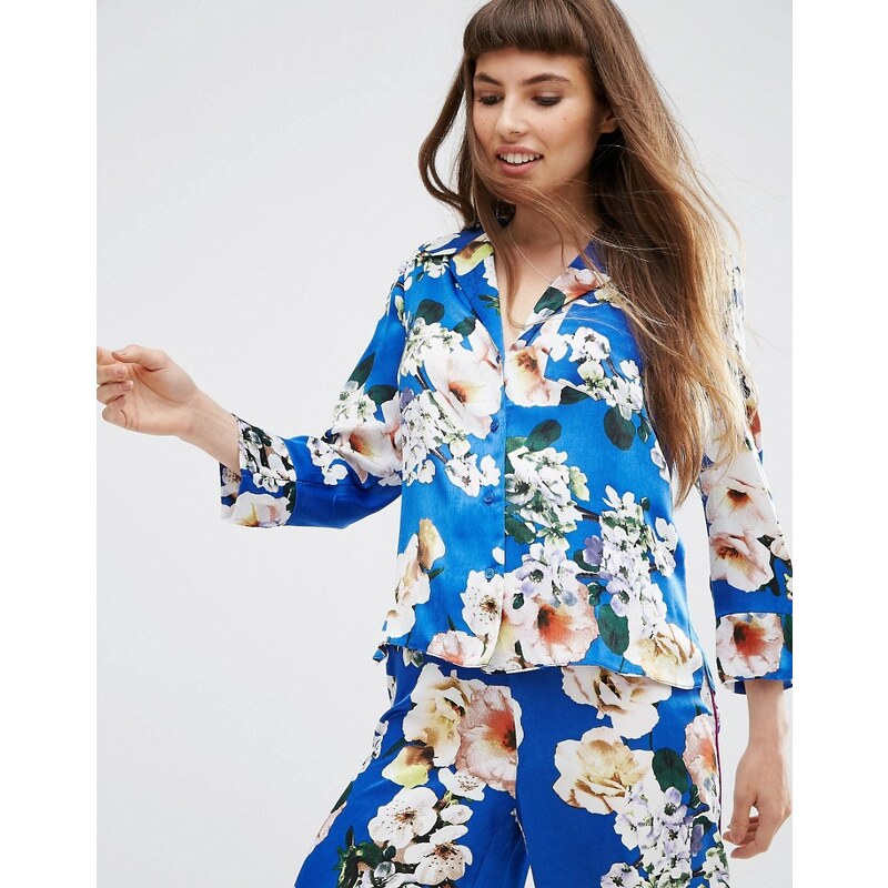 ASOS - Blouse de pyjama en satin, ensemble - Bleu fleuri - Multi