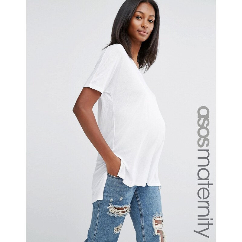 ASOS Maternity - T-shirt ample côtelé avec col en V - Blanc