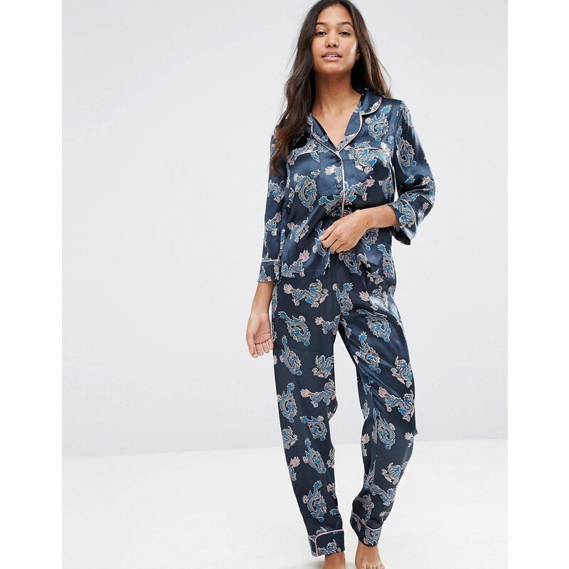 ASOS - Pyjama long avec chemise en satin à imprimé dragon et passepoils métallisés - Multi