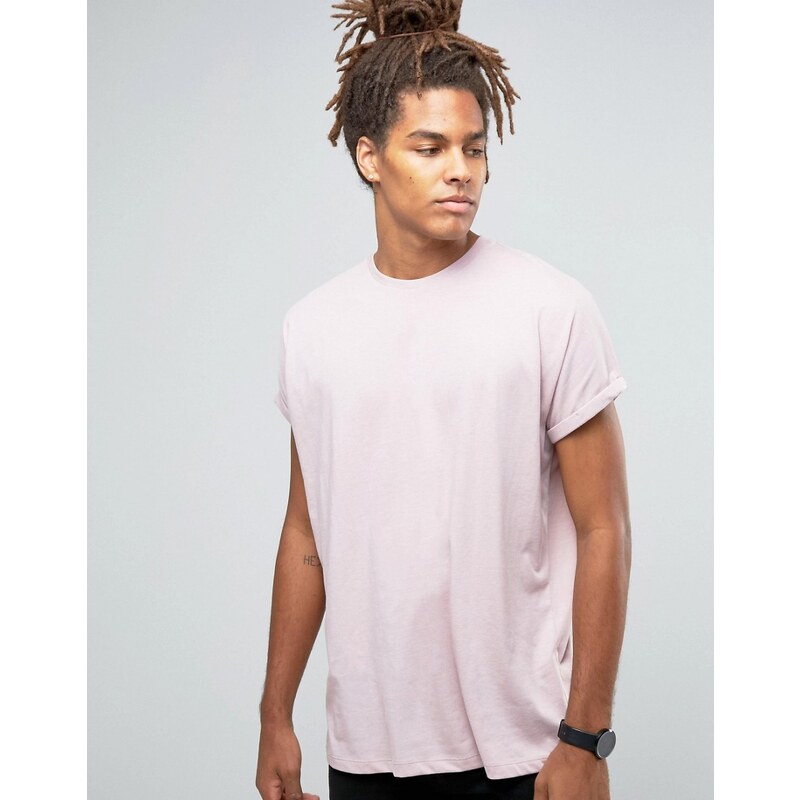 ASOS - T-shirt super oversize à manches retroussées - Rose - Rose