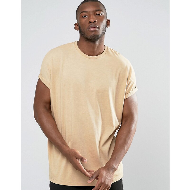 ASOS - T-shirt super oversize à manches retroussées - Beige - Beige