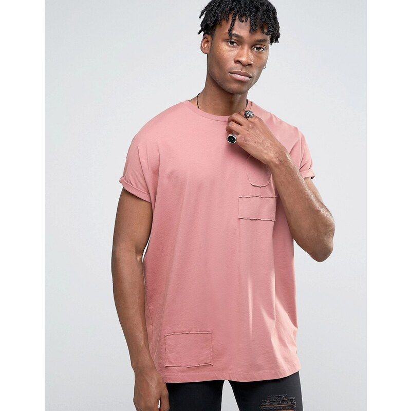 ASOS - T-shirt super oversize rapiécé à manches retroussées - Rose - Rose