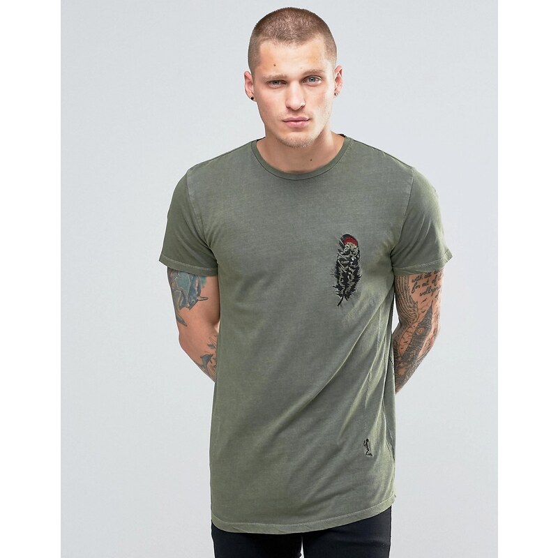Religion - T-shirt effet délavé huilé avec feuille brodée - Vert