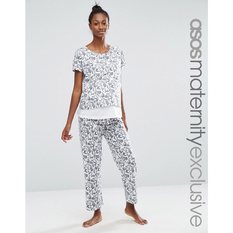 ASOS Maternity - Pyjama d'allaitement double épaisseur avec imprimé floral - Noir et blanc - Multi