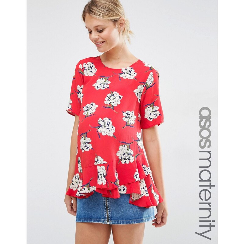 ASOS Maternity - T-shirt fleuri à ourlet volanté - Multi