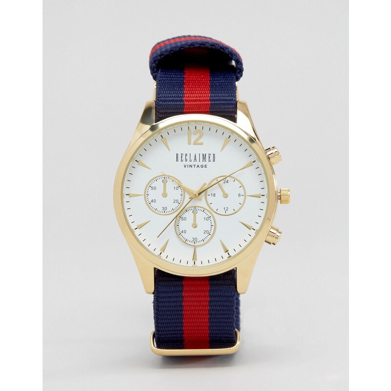 Reclaimed Vintage - Montre chronographe à bracelet en toile rayé et cadran blanc - Bleu marine