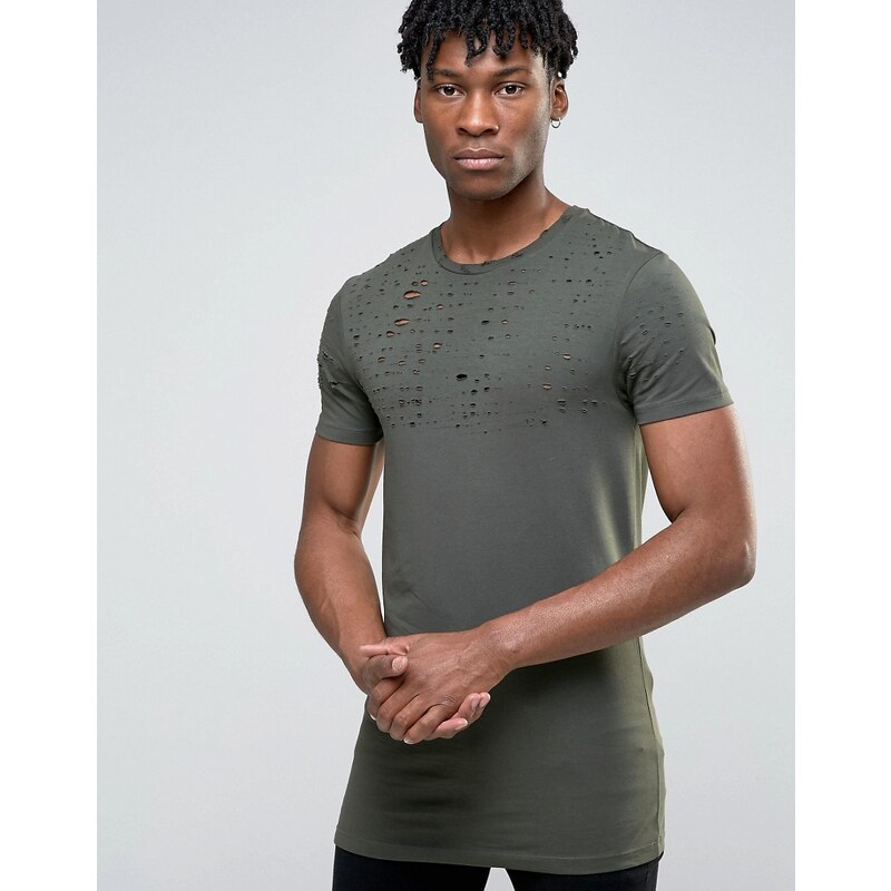 ASOS - T-shirt moulant long en tissu effet vieilli - Vert - Vert