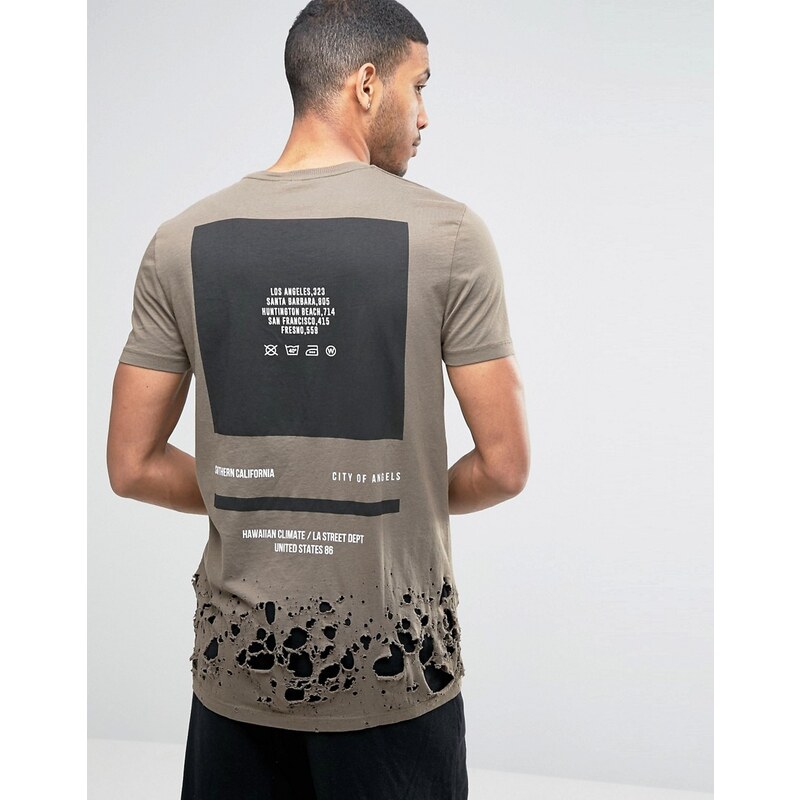 ASOS - T-shirt long avec ourlet vieilli et imprimé dans le dos - Vert