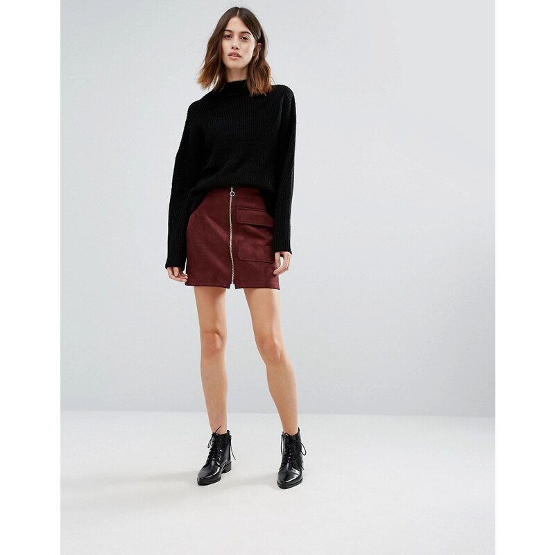 Vero Moda - Mini-jupe en suédine zippée sur le devant - Marron