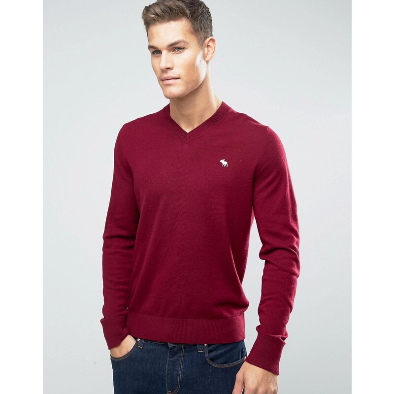 Abercrombie & Fitch - Pull en maille fine col V à logo - Rouge - Rouge