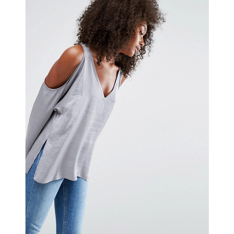 ASOS - T-shirt oversize en satin à épaules nues - Gris