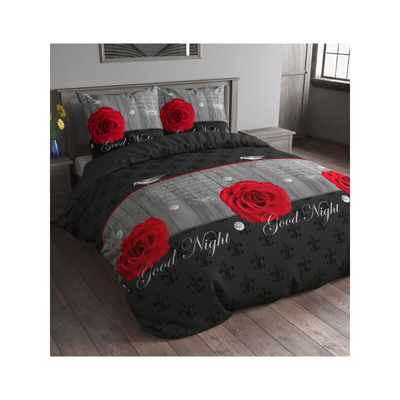 Sleeptime Parure housse de couette 240x200/220 cm + 2 taies d'oreiller 60x70 cm Woodrose noir - rouge
