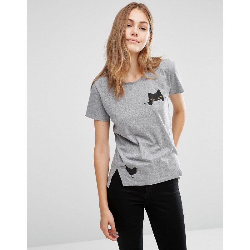 People Tree - T-shirt en coton bio avec imprimé oiseau et poche motif chat - Gris