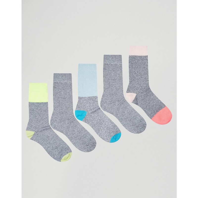 ASOS - Lot de 5 paires de chaussettes pour bottes avec empiècements fluo et pastel - Gris