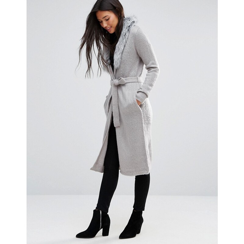 QED London - Cardigan style manteau avec bordure en fausse fourrure - Gris