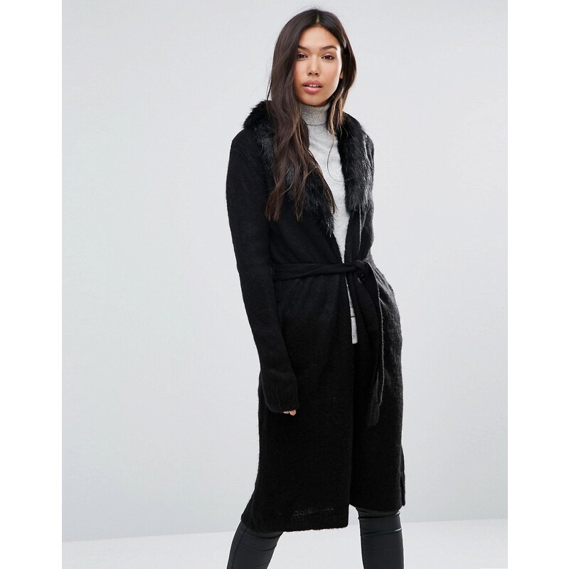 QED London - Cardigan style manteau avec bordure en fausse fourrure - Noir