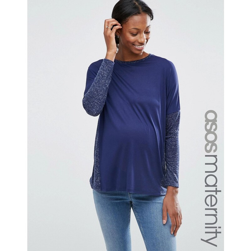 ASOS Maternity - T-shirt en lin mélangé à manches longues - Bleu marine