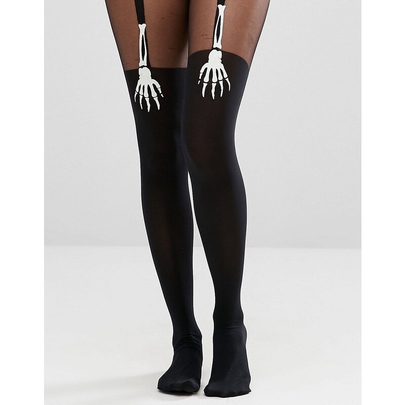 ASOS - Collants porte-jarretelles d'halloween à mains de squelettes phosphorescentes - Noir