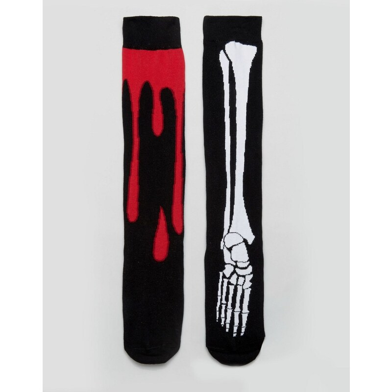 ASOS - Halloween - Lot de 2 chaussettes montantes avec squelette et gouttes de sang - Noir