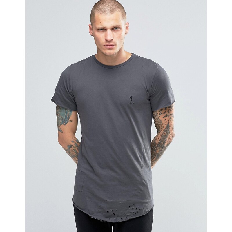 Religion - T-shirt long avec ourlet arrondi et déchirures - Gris