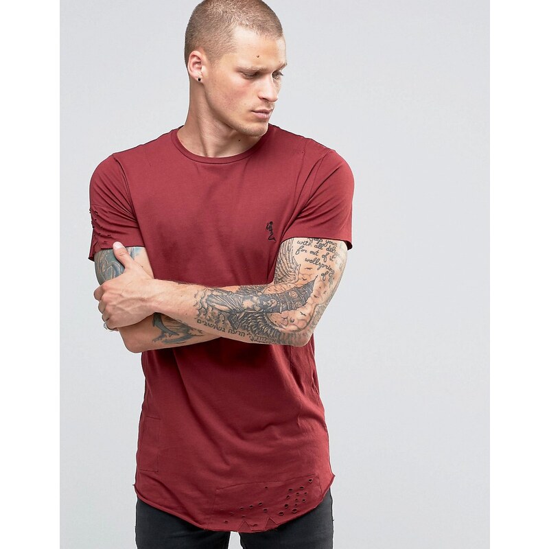 Religion - T-Shirt long avec ourlet arrondi et déchirures - Rouge