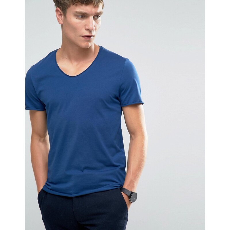 Selected Homme - T-shirt col V à bords bruts - Bleu