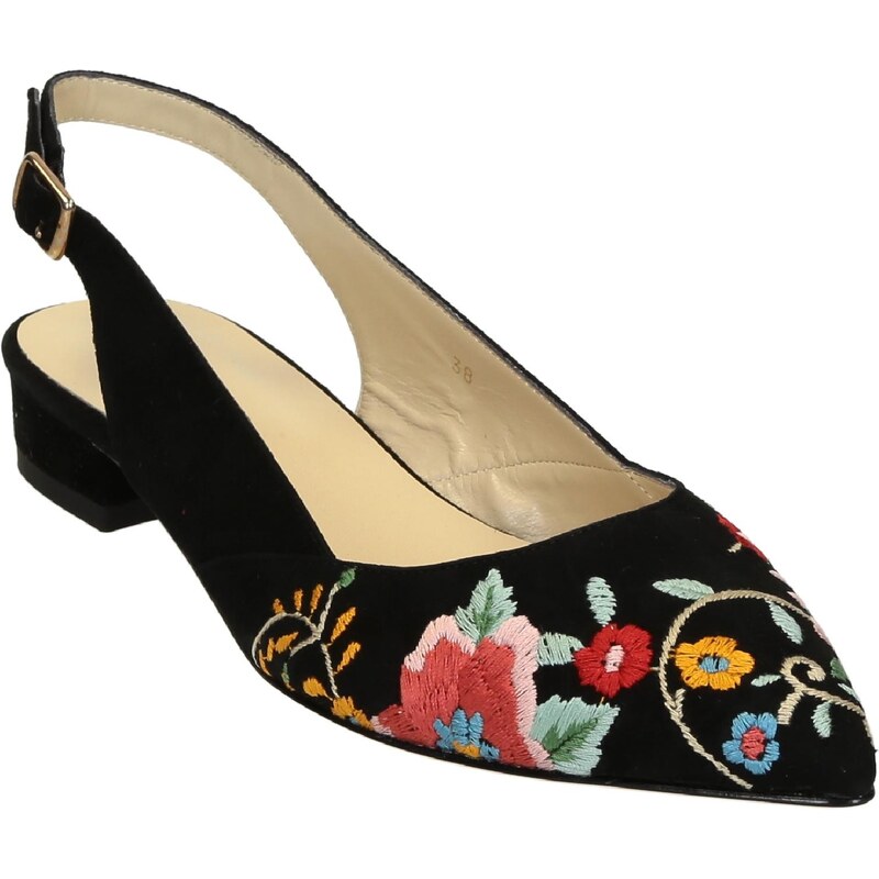 Leonardo Shoes Slingback sandale en daim noir avec fleur brodé