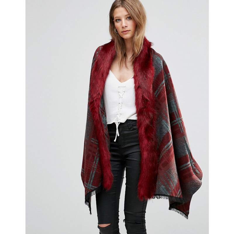 Jayley - Manteau oversize à carreaux avec bordure en fausse fourrure - Rouge - Rouge