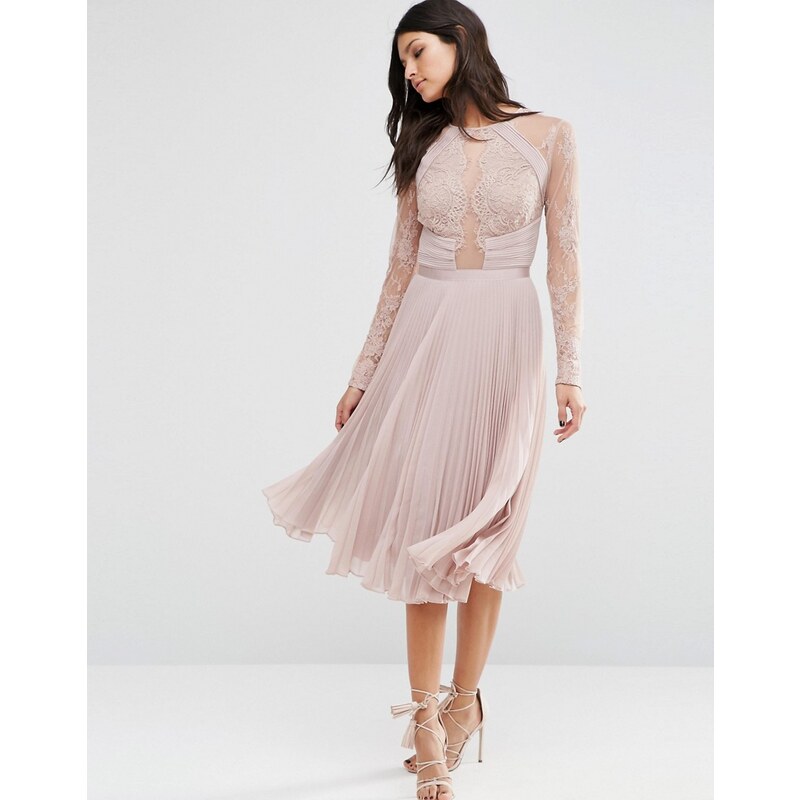 ASOS WEDDING - Jolie robe mi-longue plissée en dentelle frangée - Beige