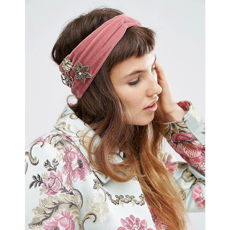 ASOS - Bandeau style turban en velours avec broche - Rose
