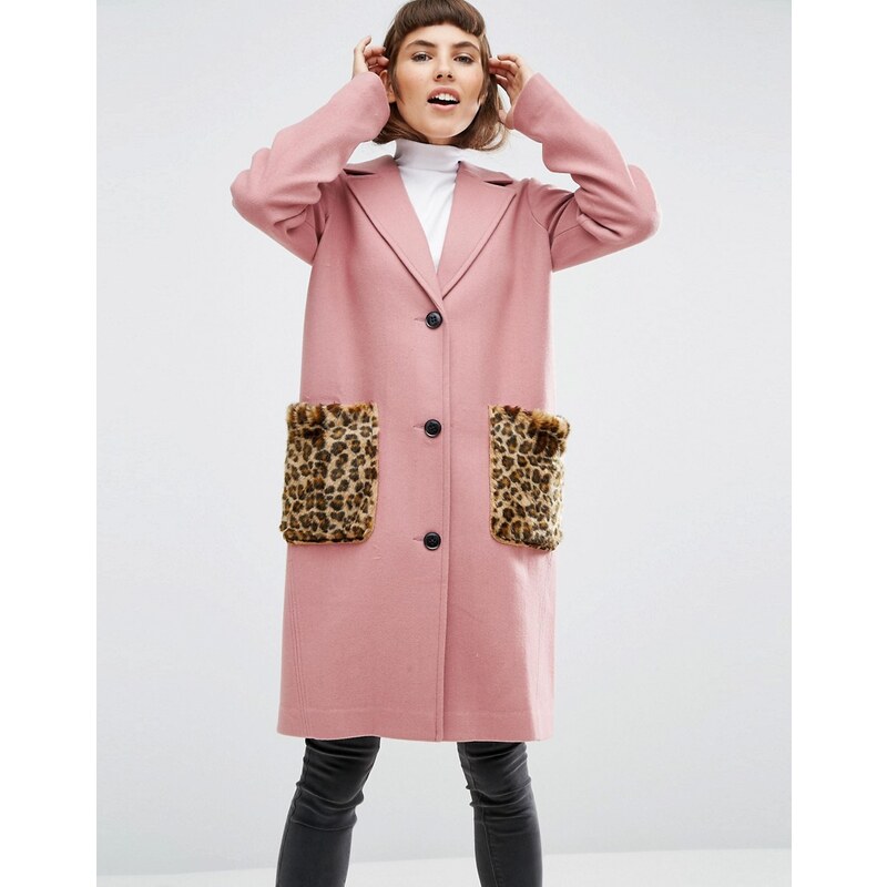 ASOS - Manteau en laine mélangée avec poches en fausse fourrure léopard - Rose
