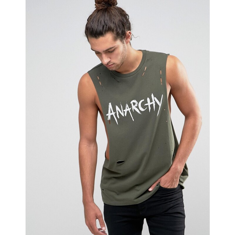 ASOS - T-shirt sans manches à imprimé Anarchy et effet vieilli - Vert