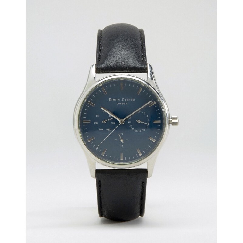 Simon Carter - Montre chronographe en cuir noir avec cadran bleu - Noir