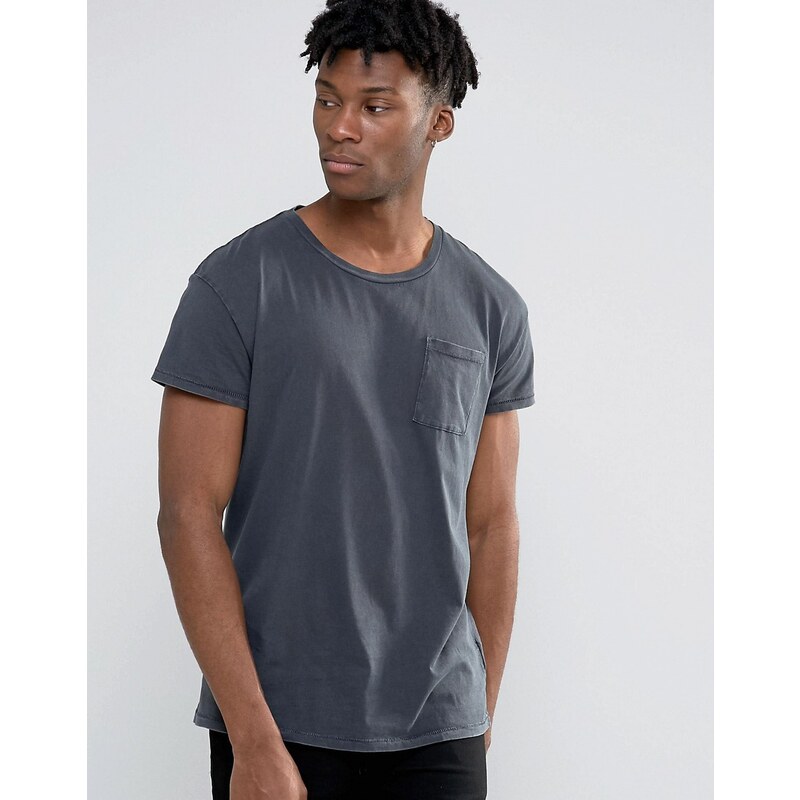 Selected Homme - T-shirt oversize avec poche effet délavé huilé - Bleu
