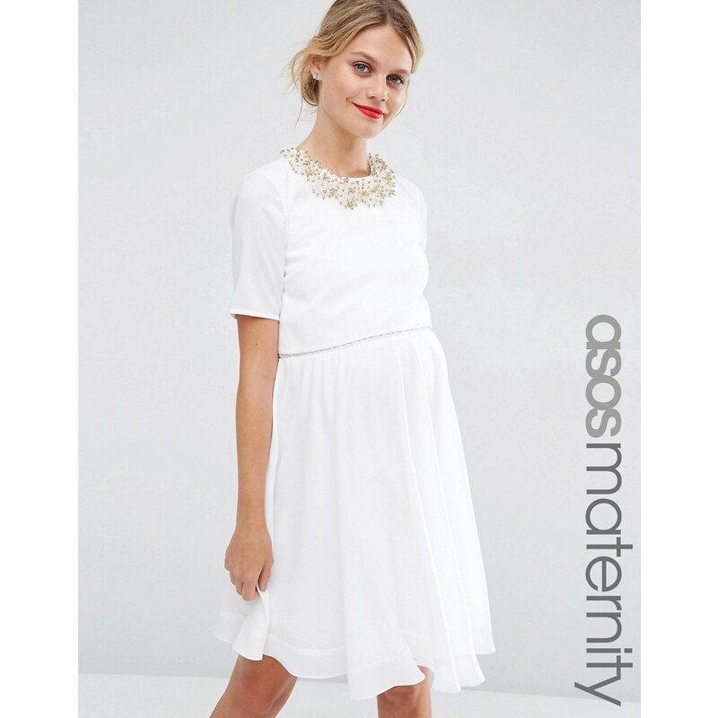 ASOS MATERNITY - Mini robe à corsage court ornementé - Blanc
