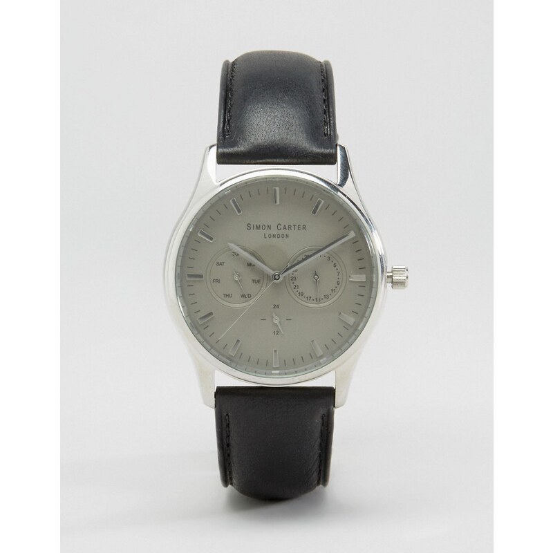Simon Carter - Montre chronographe en cuir noir avec cadran gris - Noir