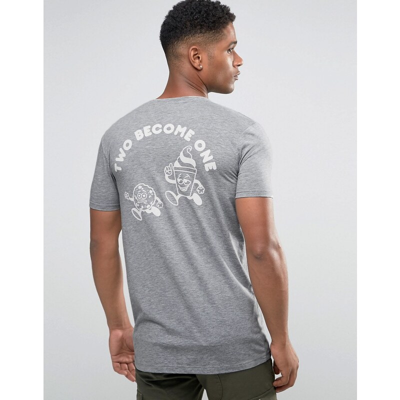 ASOS - Two Become One - T-shirt long avec imprimé devant et dos - Gris