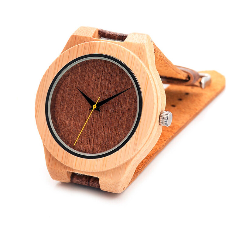 Real_Leather Montre en bois avec bracelet en cuir structuré