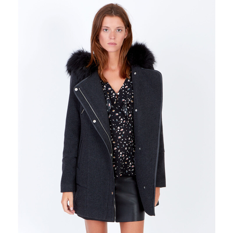 Manteau en laine à capuche, détails effet cuir Etam
