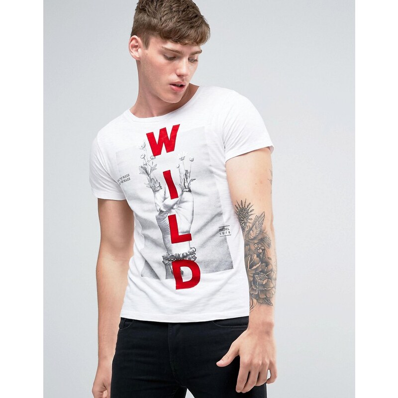 Diesel - T-Diego-DC-A - T-shirt motif main et inscription Wild floquée - Blanc
