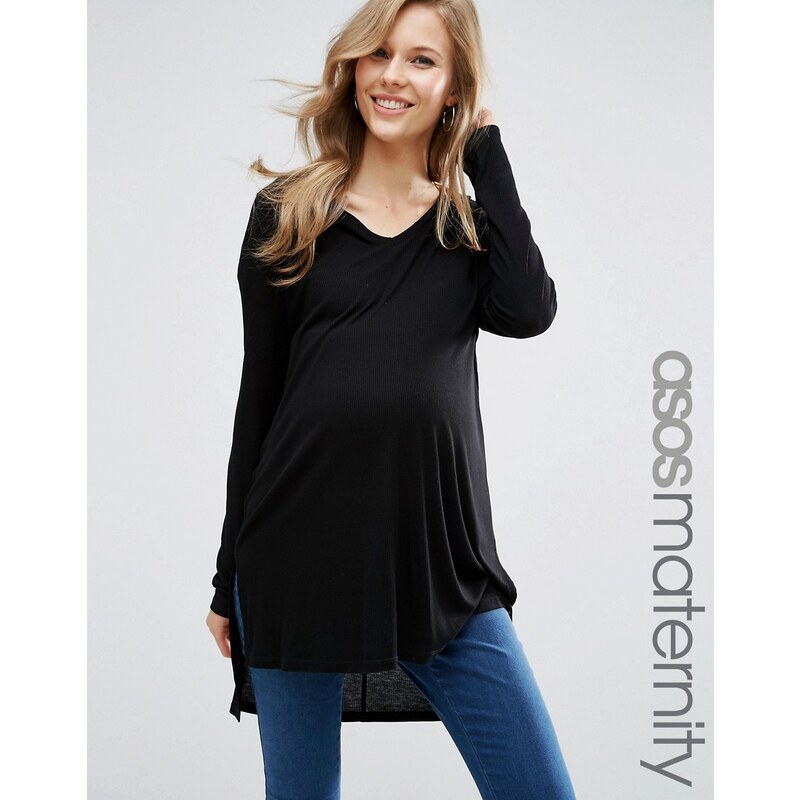 ASOS Maternity - Top ample côtelé avec col V - Noir