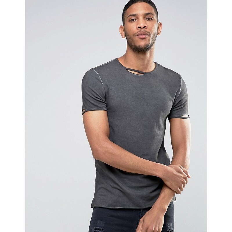 ASOS - T-shirt moulant teint avec col décousu - Noir