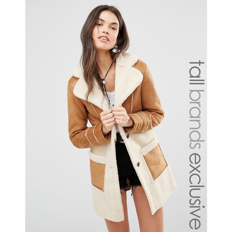 Glamorous Tall - Manteau oversize avec empiècements en imitation peau de mouton retournée et fermeture éclair - Marron